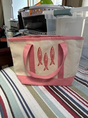 Old Navy Cream Canvas Tote with Pink Trim and Fish Embroidery